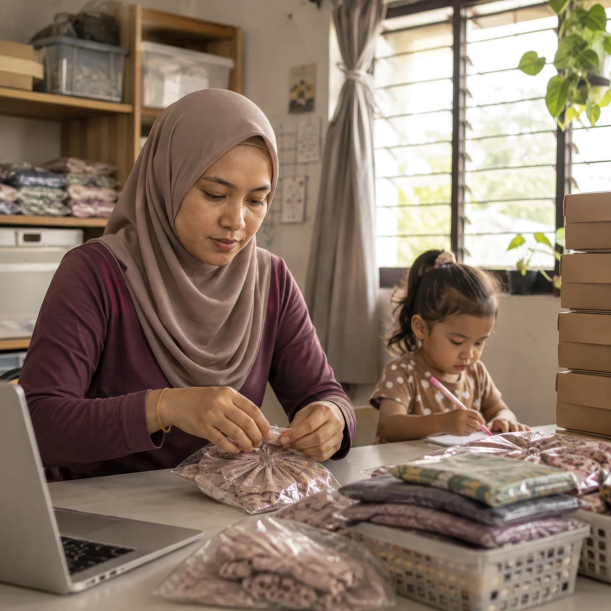 A mother packing work at home while her daughter draws beside her
