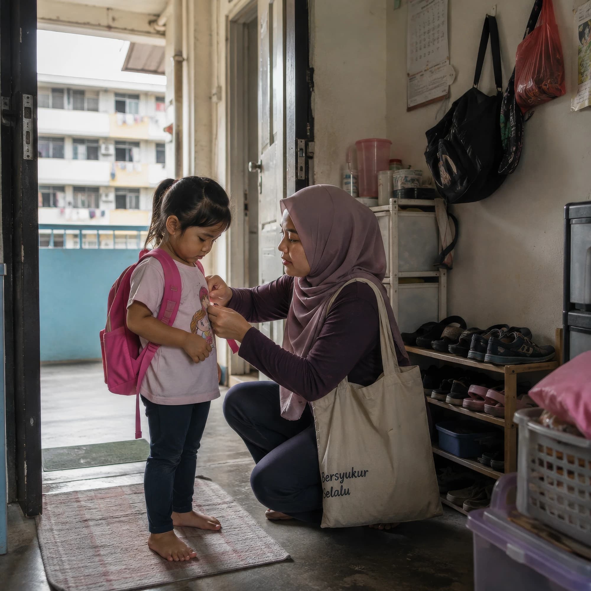 A mother helping her daughter get ready for school